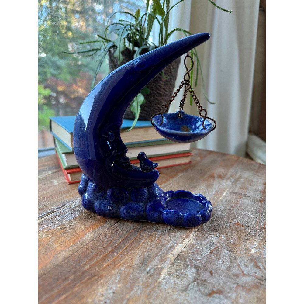 Vintage Cobalt Blue Ceramic Crescent Moon Face Incense Burner Celestial Decor